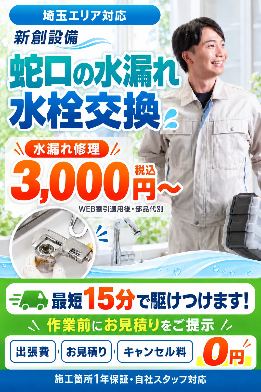 埼玉エリア対応、新創設備。蛇口の水漏れ・水栓交換。水漏れ修理3,000円から(税込・WEB割引適用後・部品代別)。最短15分で駆けつけます。作業前にお見積りをご提示。出張費・お見積り・キャンセル料0円。施工箇所1年保証・自社スタッフ対応。